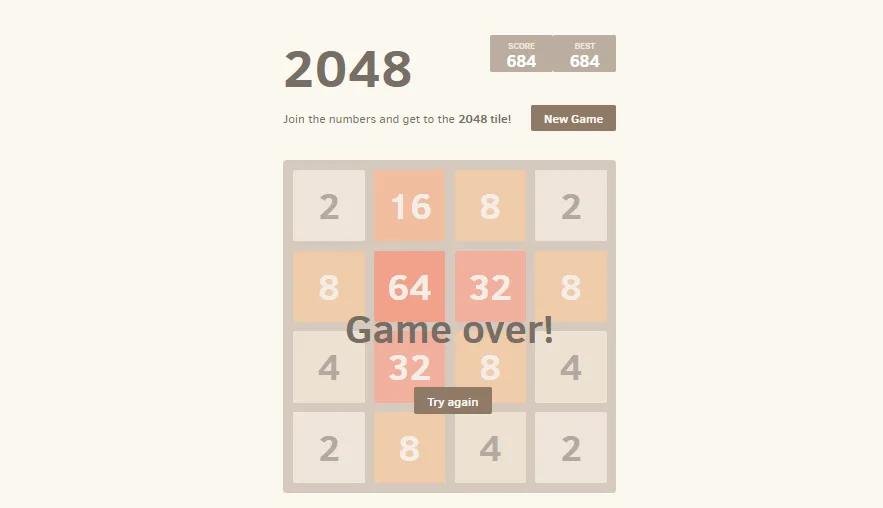 2048 game over screen shows the Game over! message, a final score of 684, and a Try again button above the board.