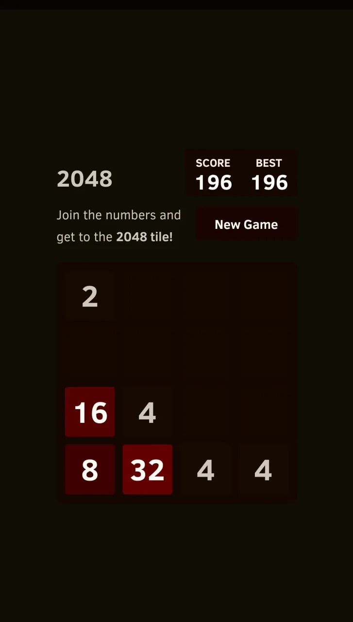2048 game on a phone showing a 4x4 board with tiles 2, 16, 4, 8, 32, 4, 4 and score 196.