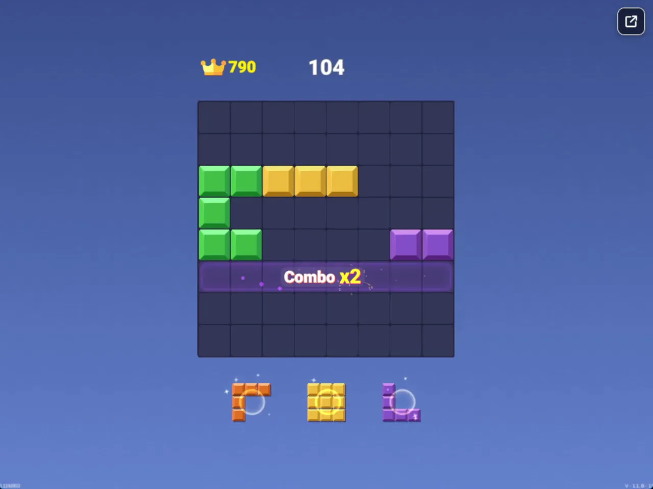 Block Blast screenshot showing an 8x8 grid with a Combo x2 banner across the middle row, a score of 104, and a crown score of 790.