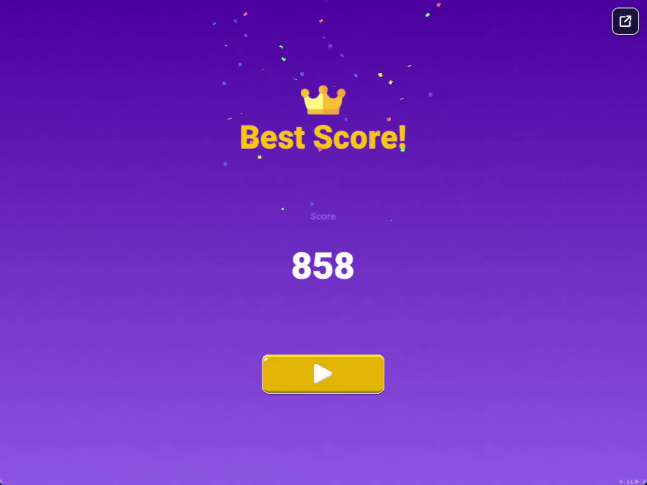 Block Blast screenshot showing a Best Score results screen with a final score of 858 and a yellow play button.