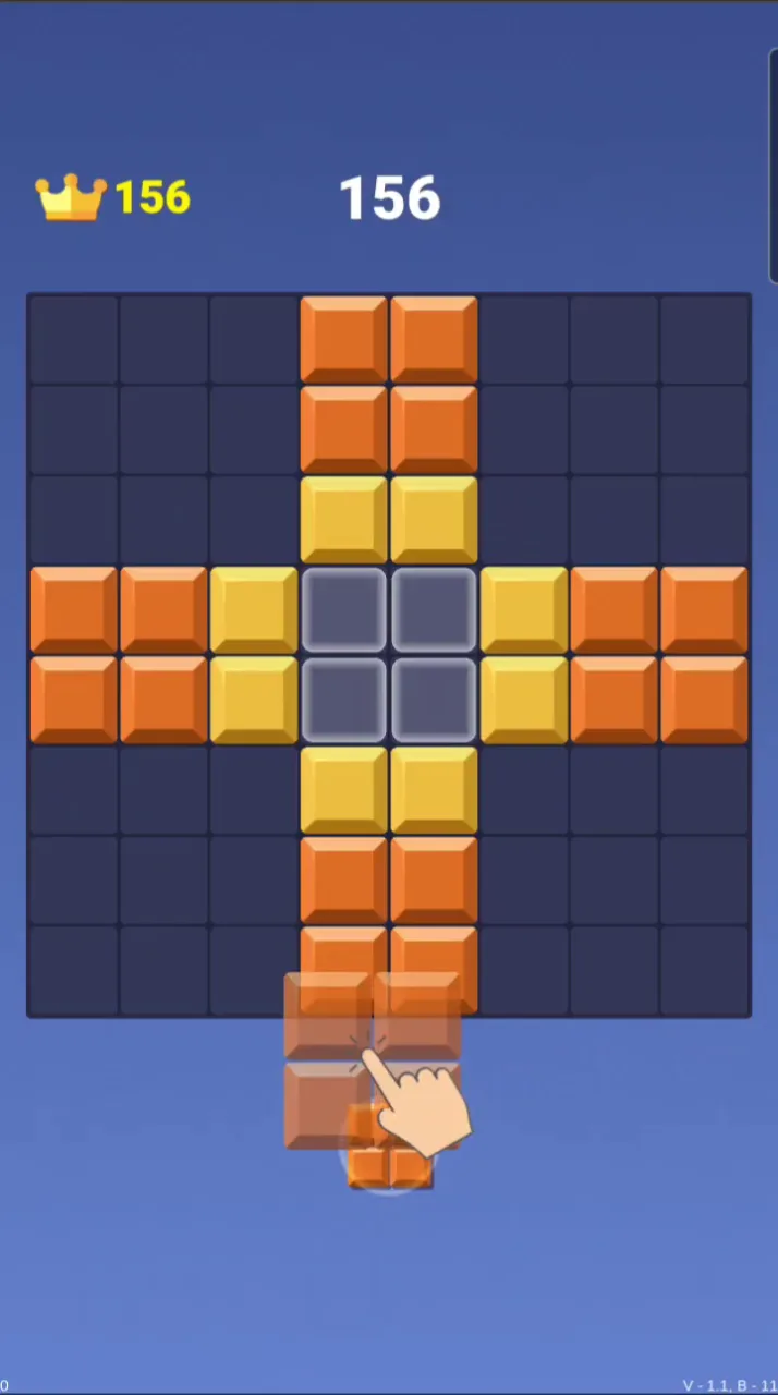 Block Blast screenshot on a phone showing orange and yellow blocks on an 8x8 board, with a hand icon dragging a piece onto the grid.