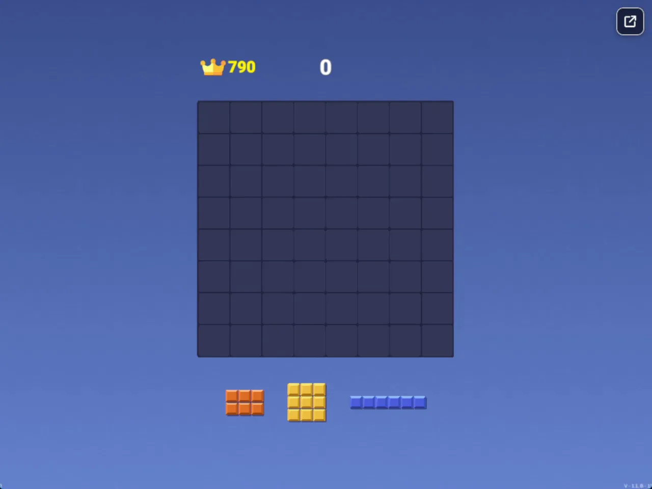 Block Blast screenshot of an empty 8x8 board with three pieces below: orange 2x3, yellow 3x3 and blue 1x6.