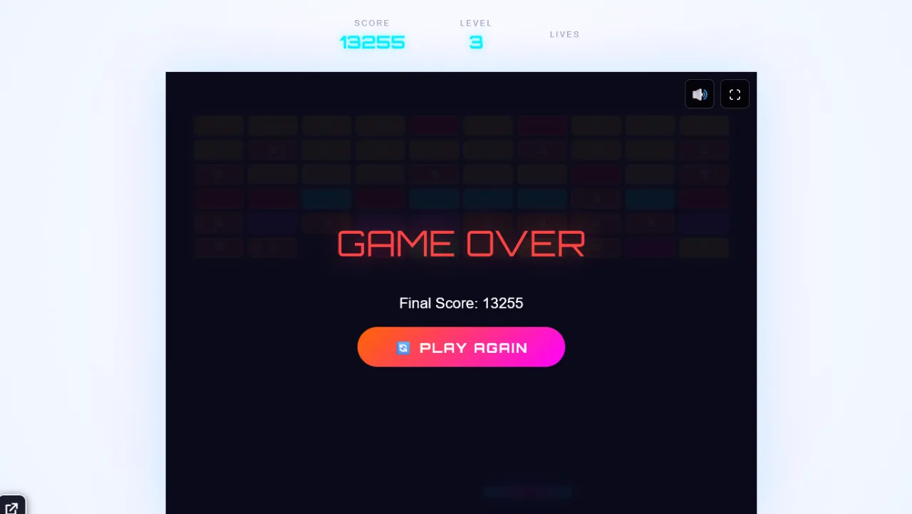Block Breaker screenshot of the GAME OVER screen on desktop, showing Final Score 13255 and a PLAY AGAIN button.