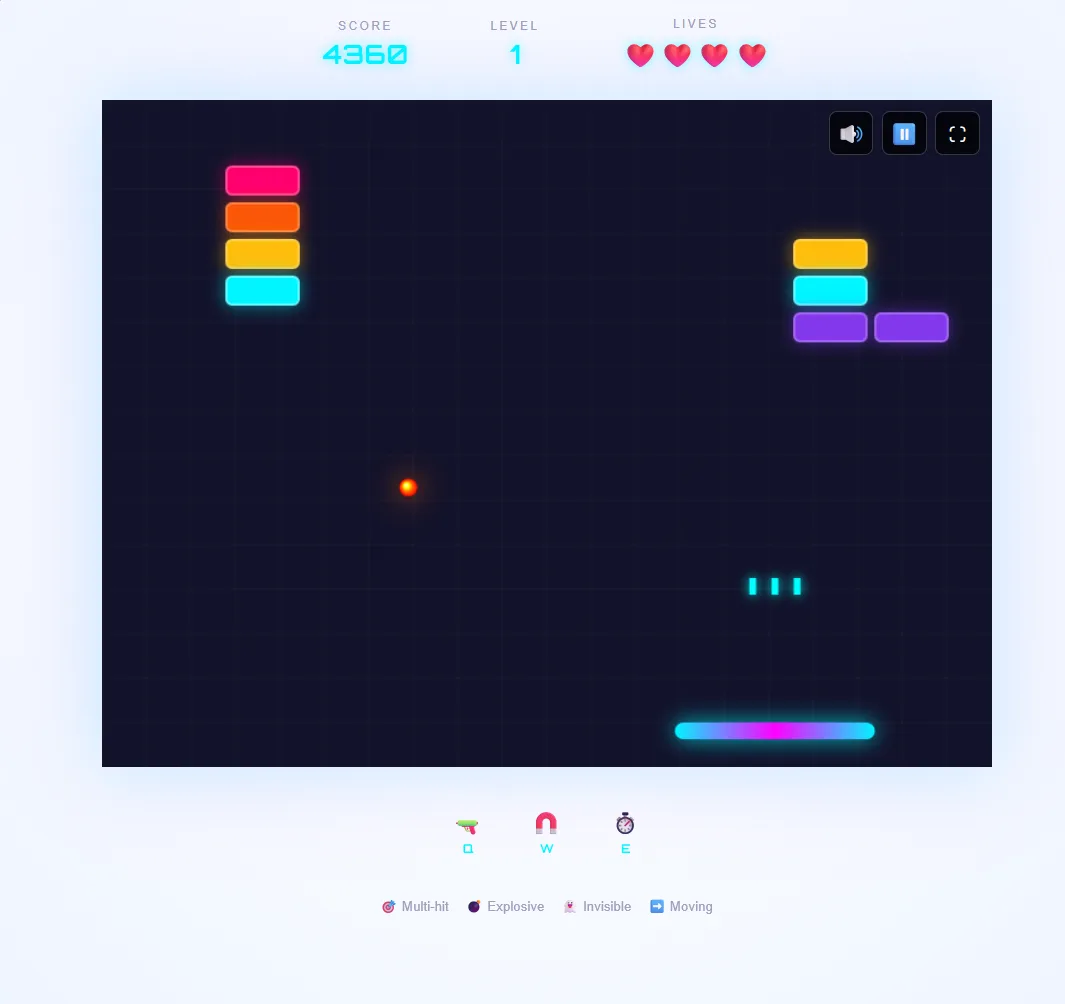 Block Breaker screenshot on desktop showing three cyan laser shots fired upward from the paddle toward colored bricks.