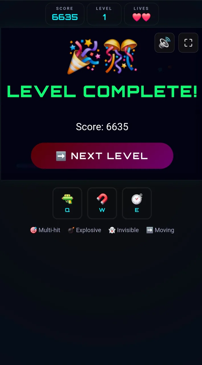 Block Breaker screenshot on a phone showing the Level Complete screen with score 6635 and a Next Level button.