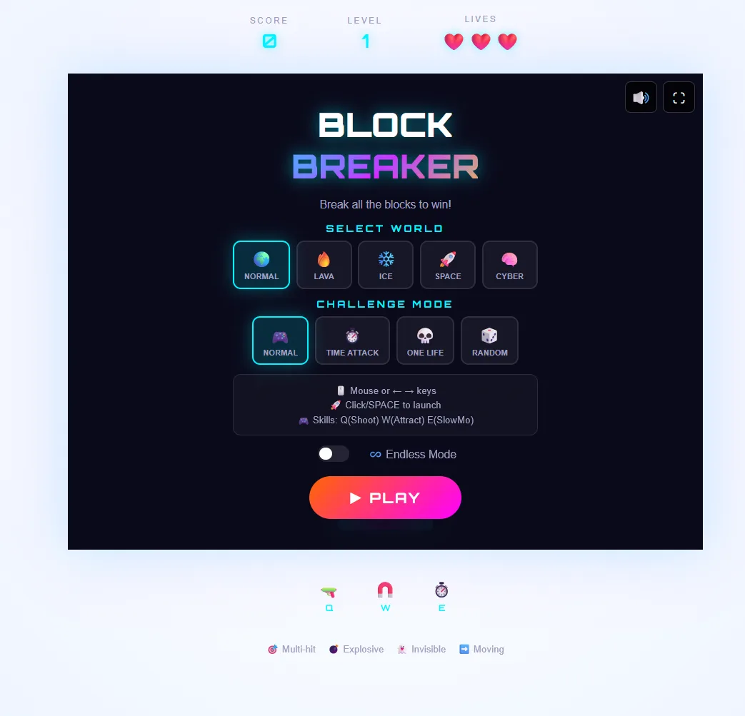 Block Breaker screenshot on a desktop showing the start menu with world options Normal, Lava, Ice, Space and Cyber above the PLAY button.