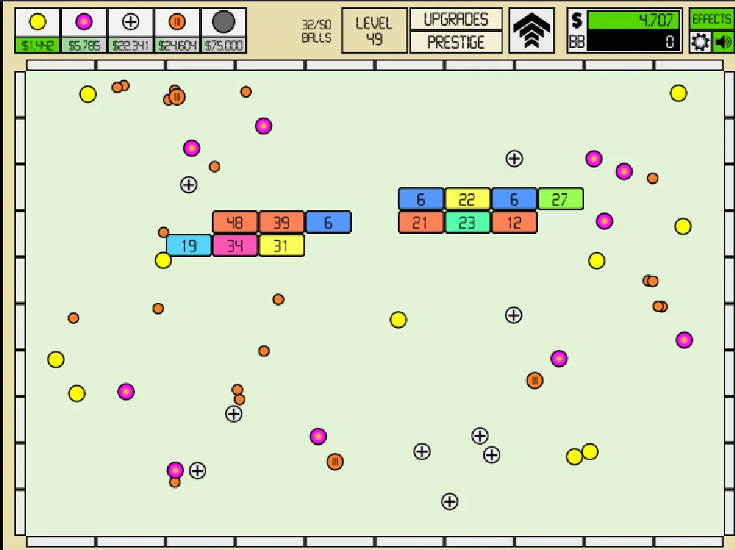Idle Breakout screenshot on a desktop showing a mid-run board at Level 49 with 32/50 balls and $4,707 cash in the HUD.