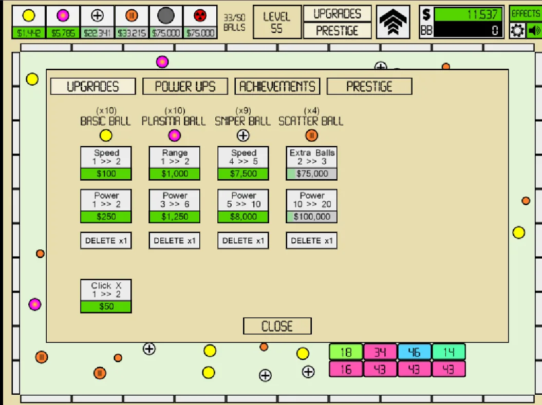 Idle Breakout screenshot on desktop showing the Upgrades panel with Basic, Plasma, Sniper and Scatter Ball upgrades.