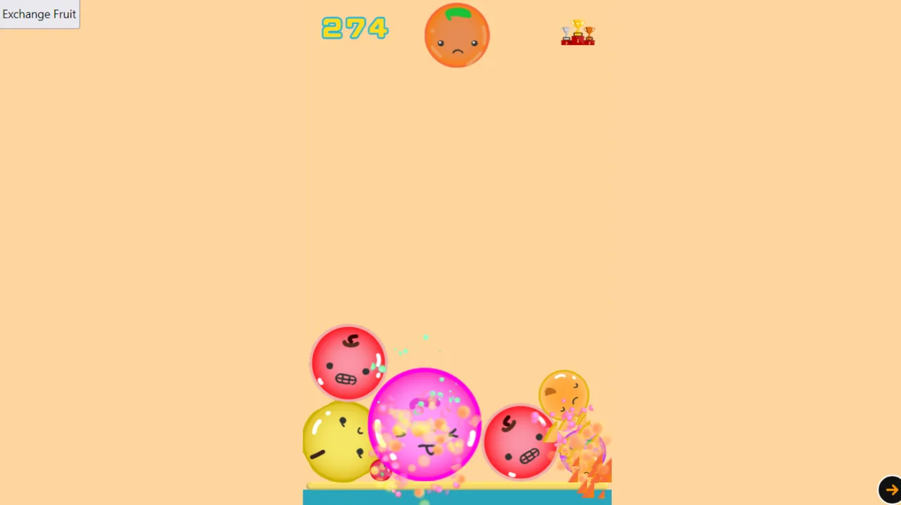Suika Game mid-run screen with a score of 274, a stacked pile of fruits at the bottom, and the next orange fruit above.