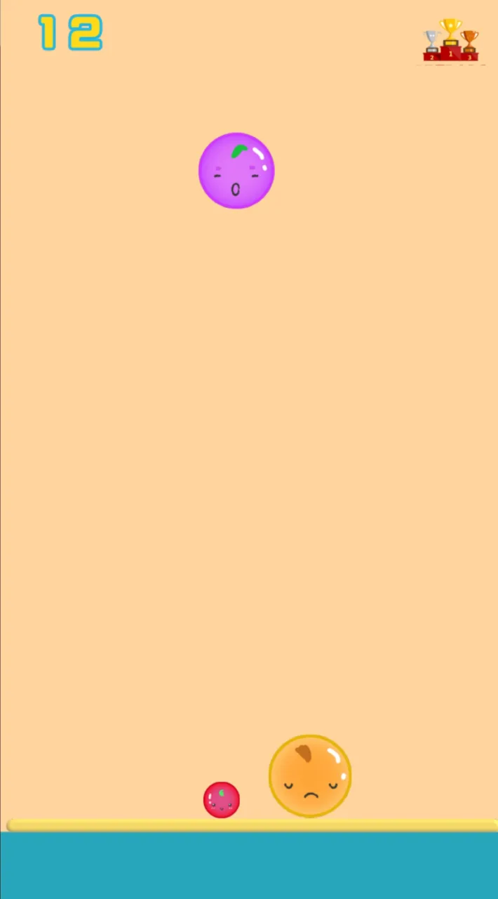 Suika Game on a phone showing score 12, a purple fruit above, and an orange and red fruit resting on the yellow floor.